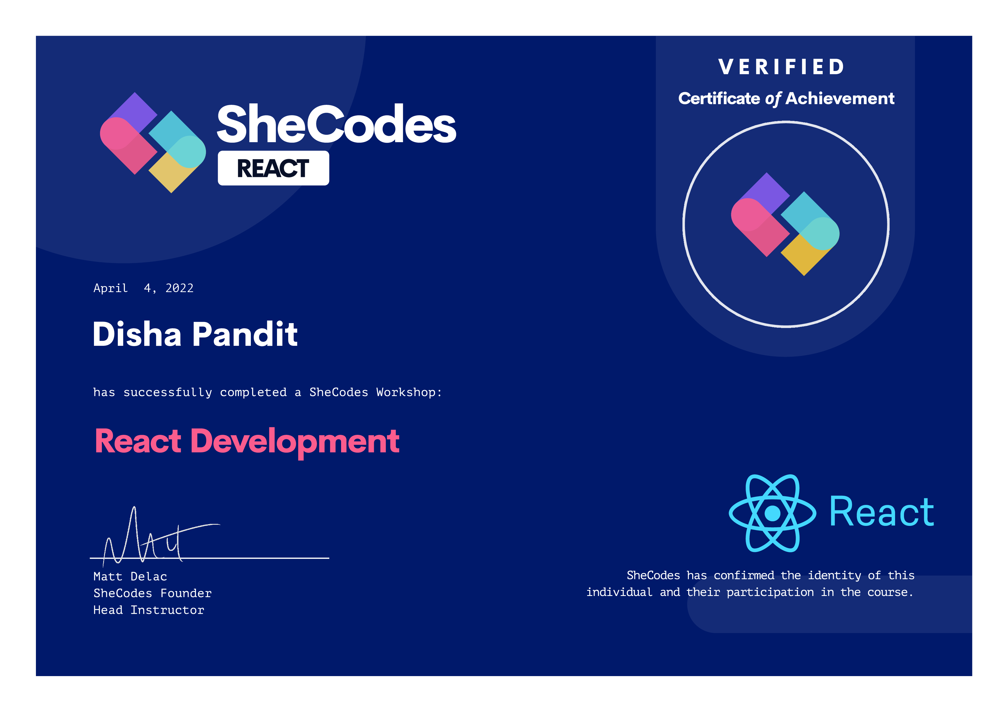 SheCodes 'React' Certificate