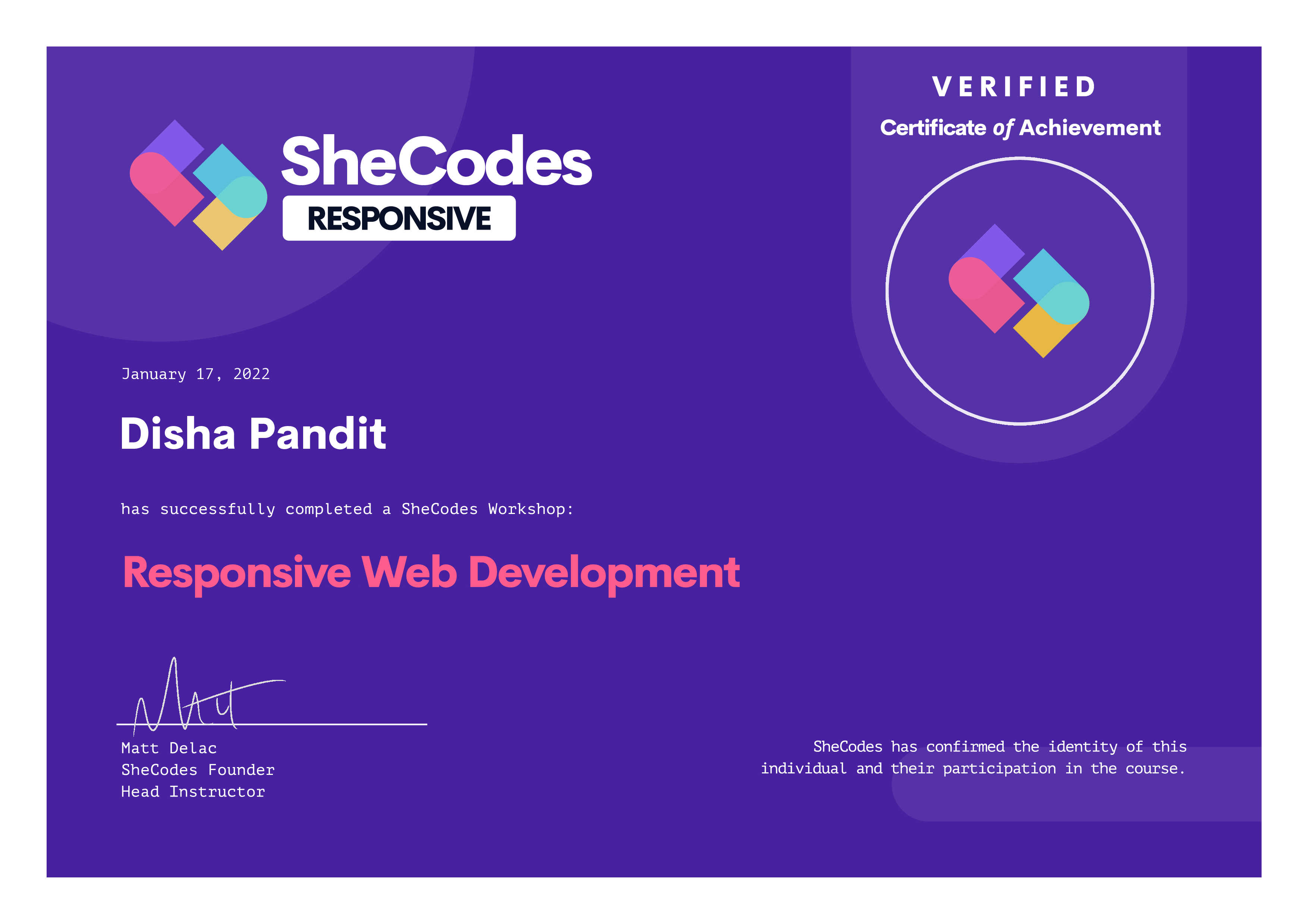 SheCodes 'Responsive Web Development' Certificate