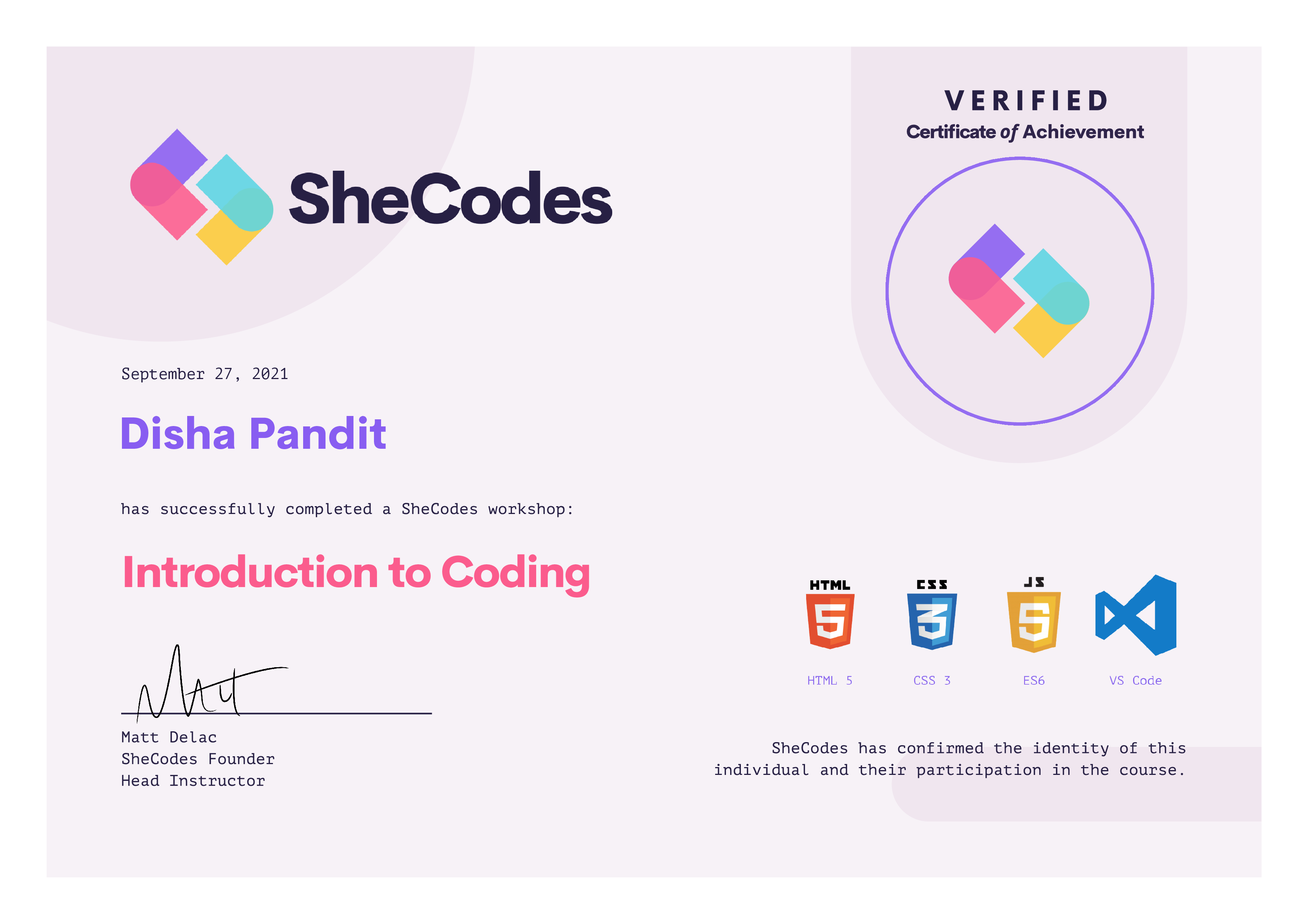 SheCodes 'Introduction to Coding' Certificate